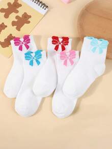 5 Pairs Random Cute Cartoon Colorful Bow Breathable Girls Socks, Regular Thickness, Suitable For Spring, Summer And Autumn, Versatile Fashion Campus Socks - Multicolor - View 2