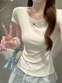 Summer Korean Style Sweet Bow Round Neck Lace Trim Slim Fit Short Sleeve T-Shirt Top For Women Random Patchwork - Apricot - View 6