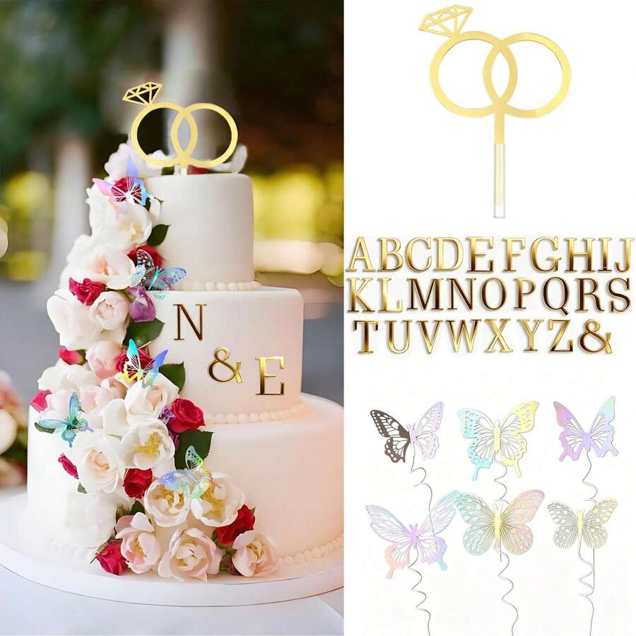 1 set Hiasan Kue Pengantin, Hiasan Kue Cincin Berlian dan Kupu-kupu, Personalisasi Inisial Pengantin untuk Dekorasi Kue Pesta Pertunangan/Pernikahan/Pesta Lajang - beraneka warna - View 1
