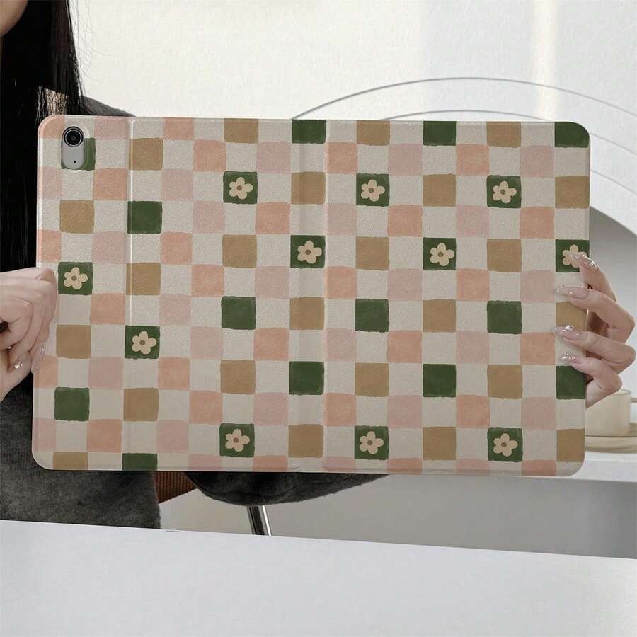 1pc Muted Green, Pink & Brown Checkerboard With Tiny Flower Print Tri-Fold Tablet Case With Pen Slot, Multi-Angle Magnetic Stand Cover With Auto Sleep/Wake, Compatible With IPad PRO/AIR, Compatible With SAMSUNG,Compatible With XIAOMI Pad 5/6/8,Compatible With Oppo Pad,Compatible With Huawei Matepad,Compatible With Vivo Pad,Compatible With Honor Pad,Compatible With Lenovo Xiaoxin Pad - Multicolor - View 1