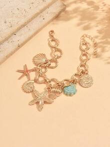 1pc Summer Beach Vacation Starfish Shell Pendant Decor Ocean Style Fashion Versatile Gold Bracelet Women's Hand Jewelry Suitable For Daily Wear And Beach Vacation Date - Multicolor - View 3