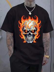 Camiseta de algodón puro, exclusiva del verano 2026, última . Solo disponible para el verano. Camiseta negra de talla grande para hombre con diseño de calavera y llama, con detalles - Negro - Ver 1