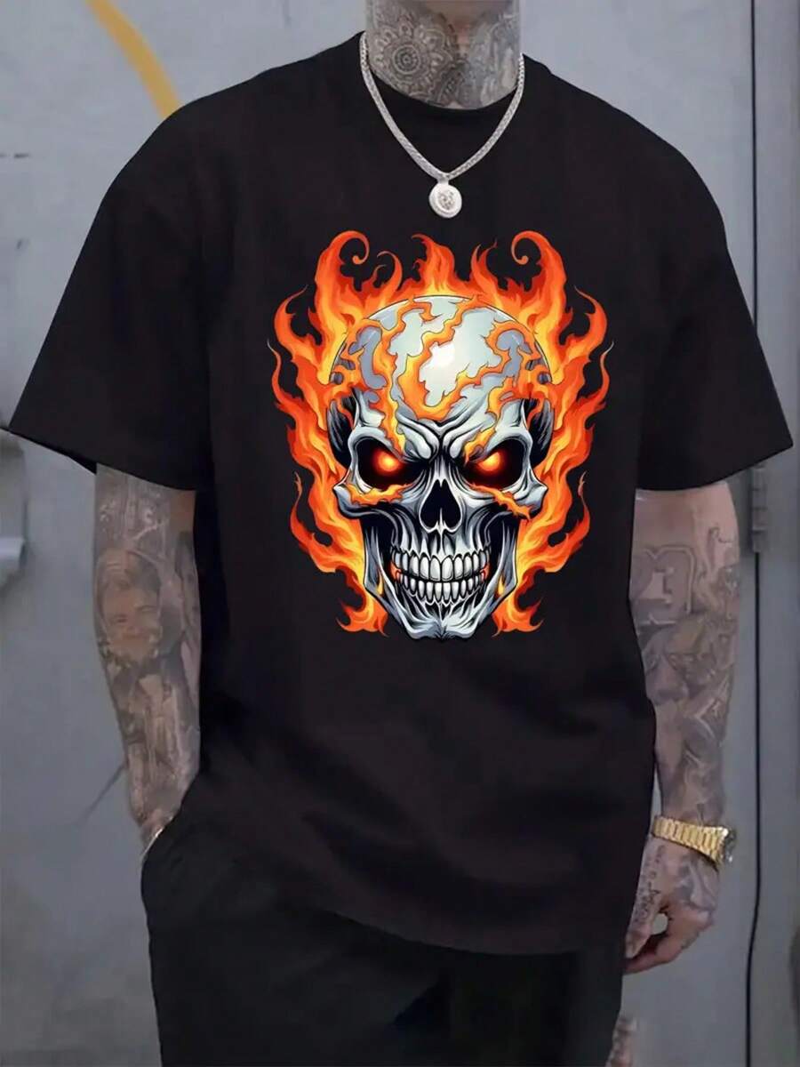 Camiseta de algodón puro, exclusiva del verano 2026, última . Solo disponible para el verano. Camiseta negra de talla grande para hombre con diseño de calavera y llama, con detalles - Negro - Ver 1
