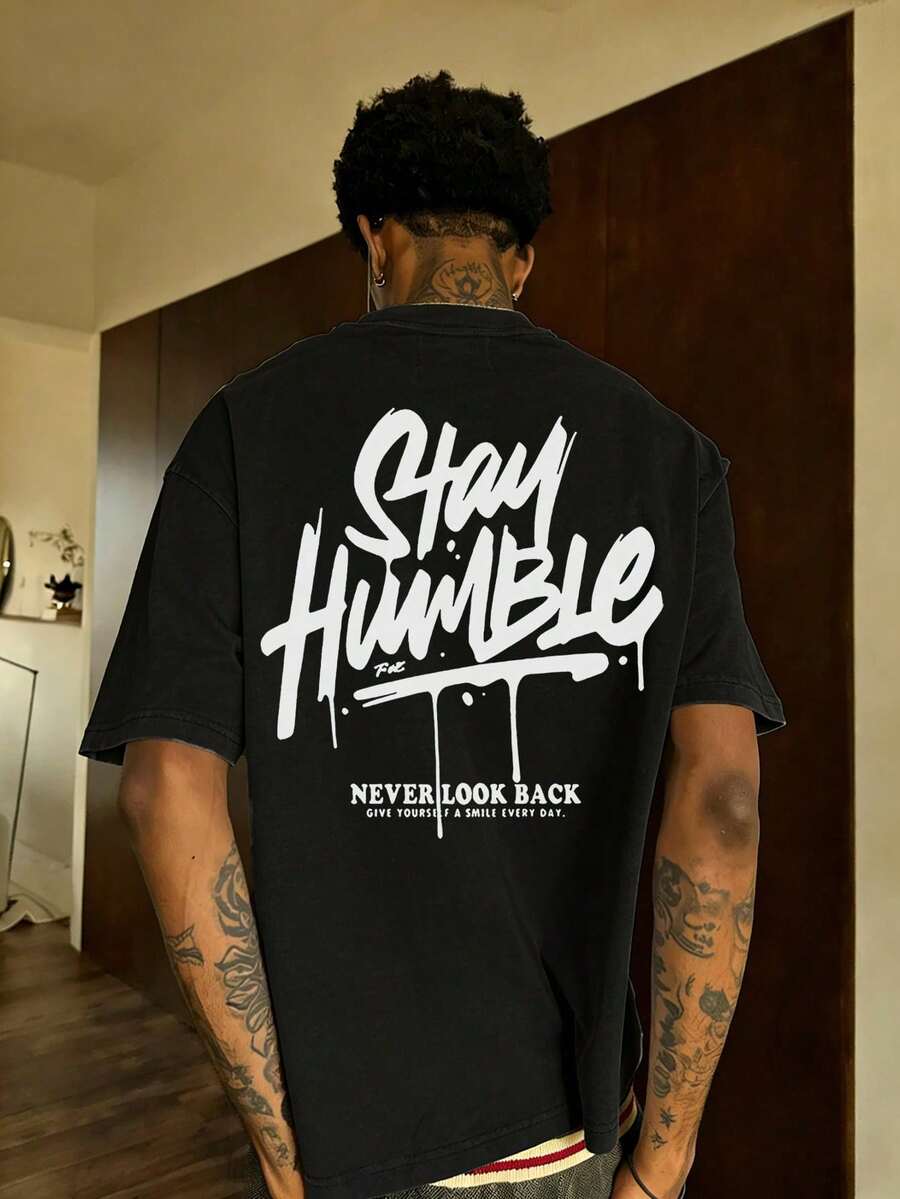 Christmas Short-Sleeved T-Shirt With Round Neck, Graphic Slogan Print In English, Minimalist And Summer Style For Men, Hot Item - 黑色 - 查看 1