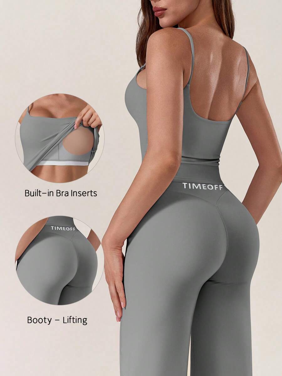 TimeOff Women's One Set Solid Color Spaghetti Strap Removable Padded Tank Top Straight Leg Draped Pants Casual Basic Gym Yoga Running Sportswear Set