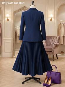 Elegant Plus Size Women Navy Blue Lapel NeckBlazer And Pleated Midi Skirt Set Fall - Deep Royal Blue - View 8