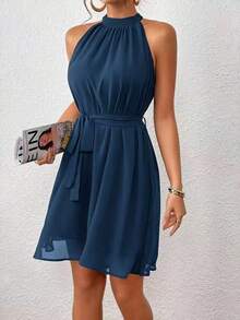 Sleeveless Solid-Color Halter Dress, Fashionable For Summer - Blue - View 4