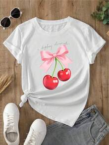 YOCASA Women's Summer T-Shirt With Round Neck And Short Sleeves, Oil Painting Print With Floral Heart And Letter Design, Casual, Simple And Sporty Style For Everyday Wear - YH122-白色 - 查看 2
