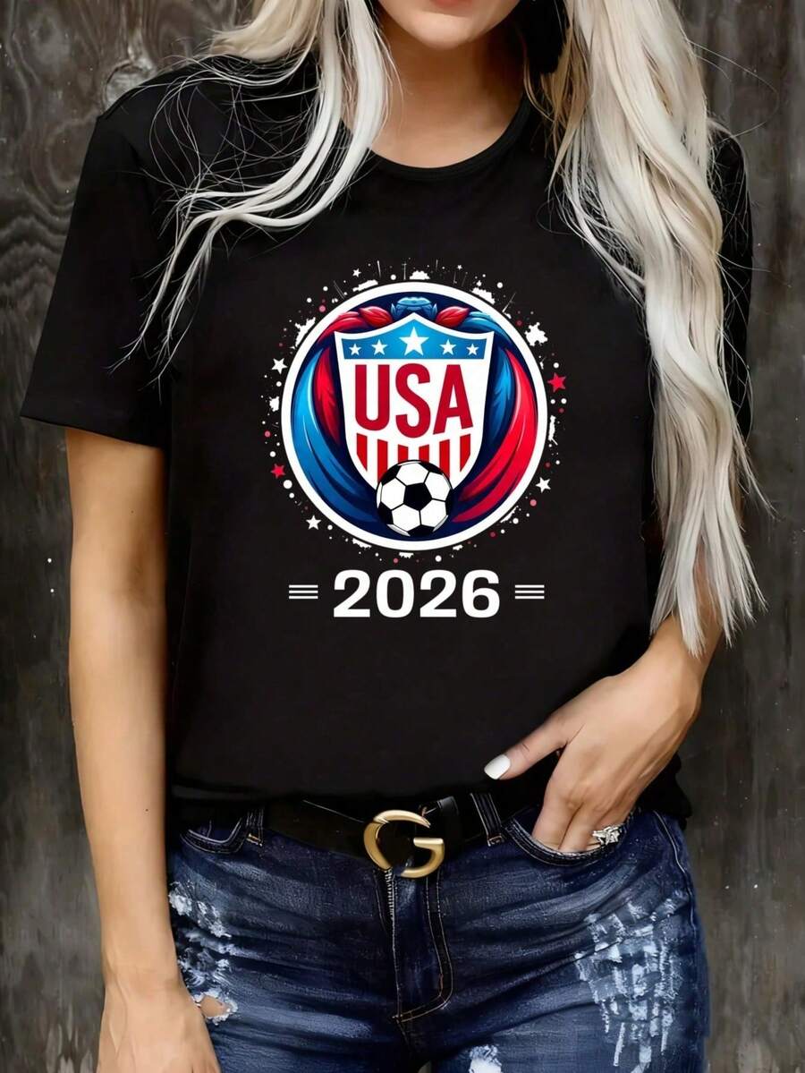 2026 World Cup Themed T-Shirt, 2026 World Cup T-Shirt, USA, Canada & Mexico Graphic Soccer T-Shirt, 100% Pure Cotton, Fun, Printed - 黑色 - 查看 1