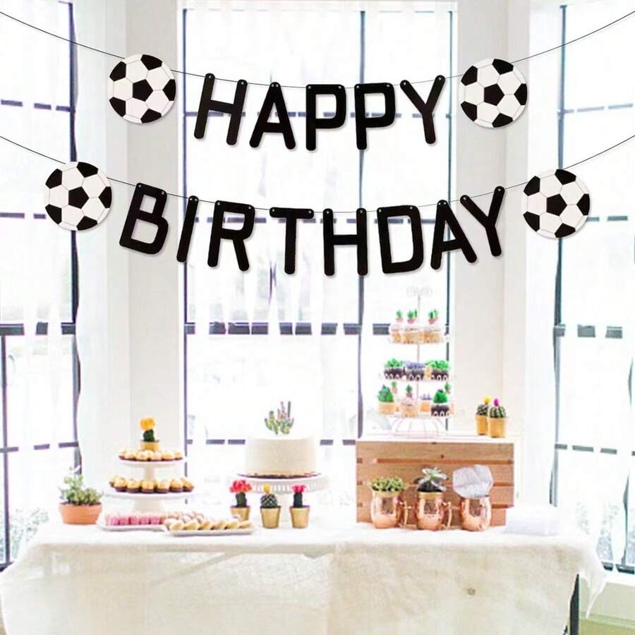 一套足球造型生日横幅/生日快乐/派对横幅/运动爱好者生日氛围装饰/黑白足球生日横幅/运动主题生日派对装饰/摄影道具/足球元素生日派对横幅/男女通用生日派对装饰/运动风格生日氛围横幅