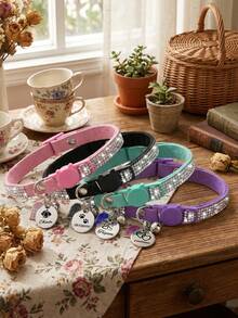 1pc Customized Rhinestone Cat Collar, Breakaway Buckle Pet Accessory Suitable For Girl/Boy Cats Or Small Dogs, Cute Soft Plush Material Pet Supplies, Can Customize Pet Name, Contact Info, Address For Anti-Lost Pet ID Tag - Multicolor - View 3