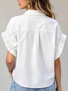 Summer Dopamine Pink Collared Puff Sleeve Shirt, French Style Loose Button-Up Blouse, Versatile Top For Work/Date/Birthday Party White - White - View 3