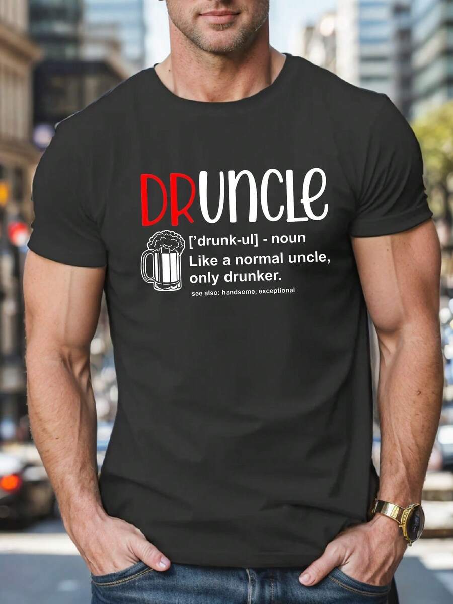 Camiseta de Hombre con Estampado Drunk Uncle - Manga Corta Casual, Poliéster Transpirable, Camiseta con Estampado Geométrico de Verano - Gris oscuro - estilo2 - Ver 1
