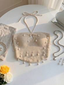 Solid Color Faux Pearl Detail Halter Neck Cutout Beach Knit Top - Apricot - View 2