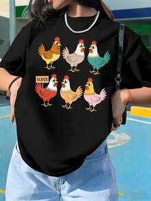 Camiseta divertida con estampado de pollo de dibujos animados, primavera, cuello redondo, corte relajado, informal, ajuste cómodo, estampado llamativo, nueva llegada - Negro - Ver 1