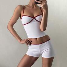 Conjunto de pijama de camiseta de tirantes y pantalones cortos de color contrastante acanalado sexy, estilo europeo y americano para mujer - Blanco - Ver 3