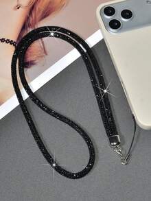 Black Shiny Luxury Rhinestone Phone Anti-Loss Halter For Women, Fashionable High-End Full Rhinestone Phone Case Lanyard - Black Halter Rope - View 5