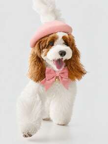 Knitted Beret + Velvet Bow Collar Set, Universal For Cats And Dogs, Photo Prop Accessory - Multicolor - View 7