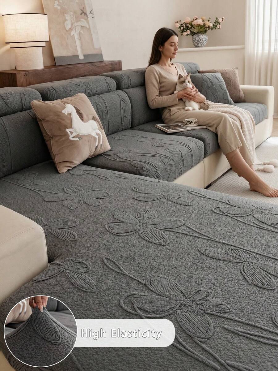 1pc All-Season Fleece Jacquard Anti-Slip Sofa Cushion Cover, Style Soft Skin-Friendly Pet-Proof Elastic Sofa Cover, Spring/Autumn Cat Scratch-Resistant Sofa Slipcover Suitable For Living Room L-Shaped Sectional And 1/2/3/4-Seater Sofas (1 Piece Sold) - Dark Grey - View 1