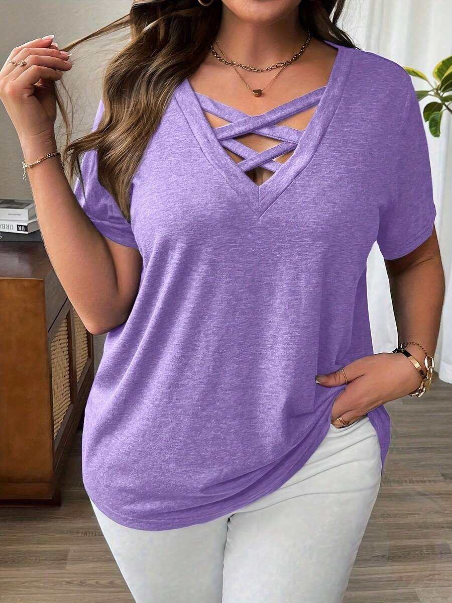 Talla Grande - Talla Grande - Camiseta Casual de Color Sólido con Cuello en V Cruzado y Mangas Cortas para Verano - Morado - Ver 1