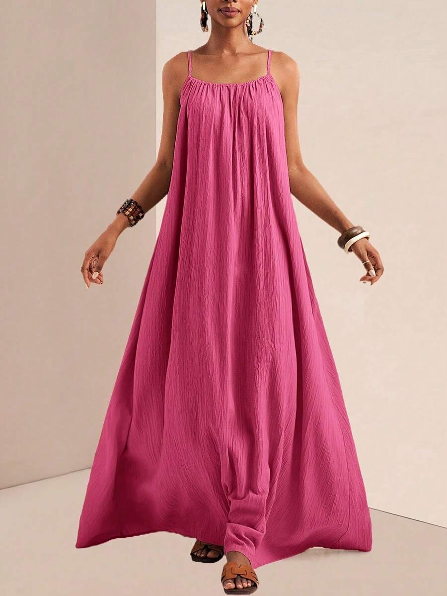 Vestido largo verde para mujer, con tirantes finos y escote cuadrado, estilo holgado casual - Rosa - Ver 1