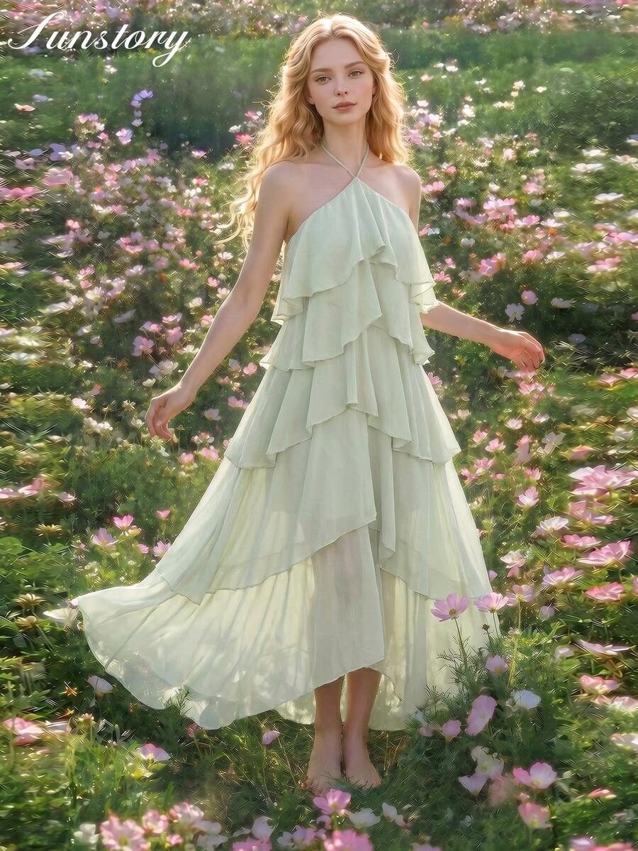 QIANZHIDU Women's Spring/Summer Asymmetrical Multi-Layer Ruffle Mint Green Spaghetti Strap Dress, Suitable For Outdoor Trips, Photoshoots, Dates And Parties