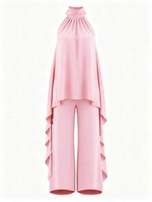 Setelan Dua Potong Asimetris Ungu Elegan Musim Panas, Atasan Asimetris Tanpa Lengan Leher Tinggi dengan Celana Panjang Lebar, Untuk Pesta Makan Malam Bisnis - Baby Pink - View 8