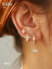 Hihho Set Anting Jepit Telinga Zirkonia Bintang 8 Titik Kreatif dan Personalisasi 6 Buah, Gaya Mewah yang Segar dan Manis, Dasar Emas dan Perak, Bentuk Bintang 8 Titik + Inlay Zirkonia Bulat + Kombinasi Anting Lingkaran Berlian Imitasi Penuh, Desain Bunga yang Hidup dan Segar, Zirkonia Transparan dan Berkilau, Memadukan Pesona Feminin dan Kemewahan yang Istimewa, Cocok untuk Ditumpuk di Seluruh Telinga, Perjalanan Sehari-hari, Kencan, Hadiah untuk Sahabat, Pakaian Musim Semi, dan Lainnya - bintang berujung delapan - View 6