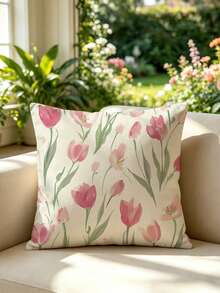 shangxia 1PC--Fresh Watercolor Pink Tulip Print Pillowcase, Gentle Floral Cushion, Living Room Sofa Bedroom Atmosphere Decorative Pillow --(Pillow Insert Not Included)---(Multiple Sizes)---(No Embroidery)---(Single-Sided Print) - Multicolor - View 4