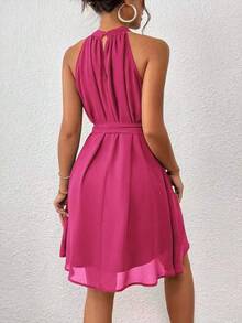 Sleeveless Solid-Color Halter Dress, Fashionable For Summer - Hot Pink - View 2