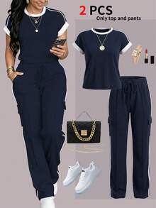 Casual Versatile Round Neck Short Sleeve Top And High Waist Drawstring Striped Loose Cargo Pants 2-Piece Set Women's Contrast Color Round Elegant - Navy - View 1