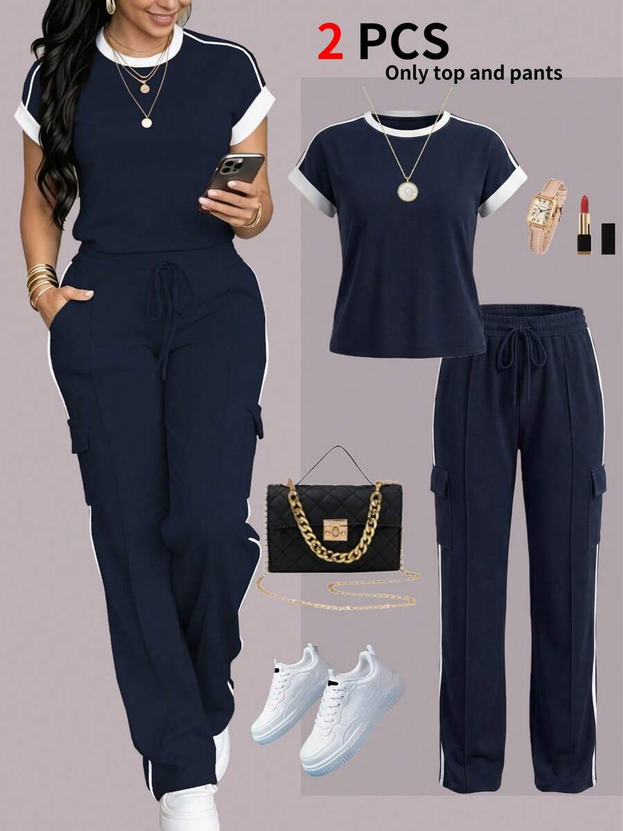 Casual Versatile Round Neck Short Sleeve Top And High Waist Drawstring Striped Loose Cargo Pants 2-Piece Set Women's Contrast Color Round Elegant - Navy - View 1