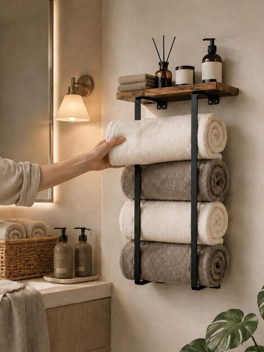 1pc Vintage Style Towel Rack, Wall-Mounted Bathroom Towel Storage Rack, Wall-Mounted Towel Rack, Bathroom Storage Rack, Suitable For Towels, Towels, Green Plants, Aromatherapy, Toiletries Storage, Bathroom, Kitchen, Living Room, Home Decor - Multicolor - View 1