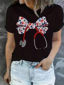 Women's Round Neck T-Shirt, Floral Bow With Stethoscope, Casual And Fashionable Style, Suitable For Outdoor Sports And Holiday Gifts - 黑色 - 查看 1