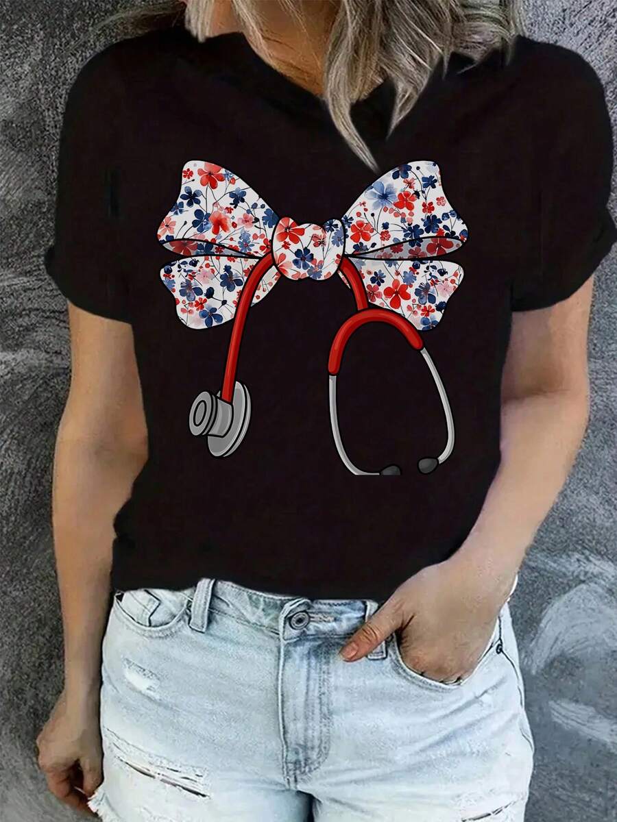 Women's Round Neck T-Shirt, Floral Bow With Stethoscope, Casual And Fashionable Style, Suitable For Outdoor Sports And Holiday Gifts - 黑色 - 查看 1