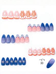 NAIO 10片裝 3D花卉與柑橘切片裝飾 藍橘印花亮面全覆蓋穿戴甲，優雅夏季風，適合杏仁形甲型，適合女性與女孩日常與度假穿戴 - 彩色 - 查看 4