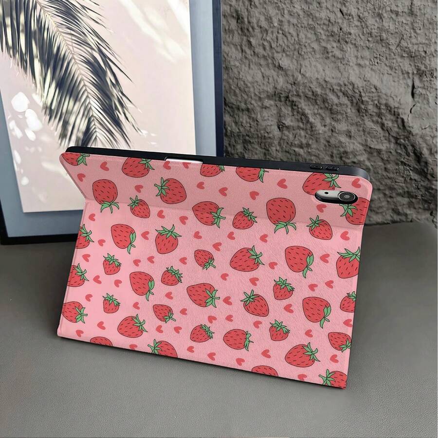 1件可愛草莓與愛心印花三折平板保護殼，相容 iPad 10.9/10.2/Air 5th Gen/Pro 11/10th Gen/9.7/Air 2/(7th Gen)/(8th Gen)/Air 4/5/Pro 11/10th Gen 10.9 吋 2022 智慧保護殼/Air 13(M3 2025)/Air 11(M3 2025)/Air 11(M3 2025)/11(A16 2025)/Galaxy Tab S10+/S9/A9，自動休眠/喚醒功能 - 彩色 - 查看 1