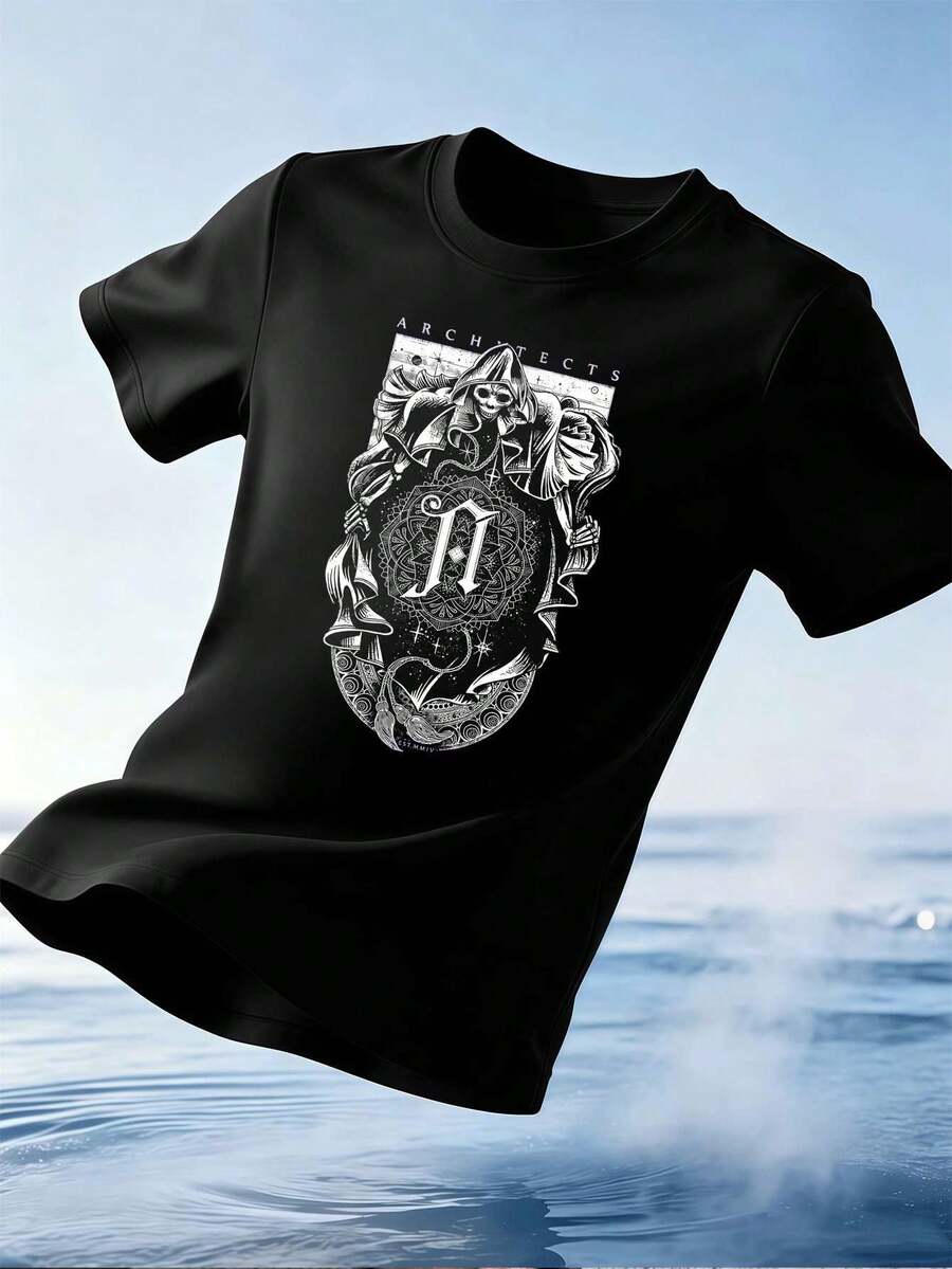 Camiseta gótica con Totenkopf-Grafik für Herren, Premium-Baumwolle, bequeme Passform, atmungsaktiv, l?ssig, Kunstdruck - Negro - Ver 1