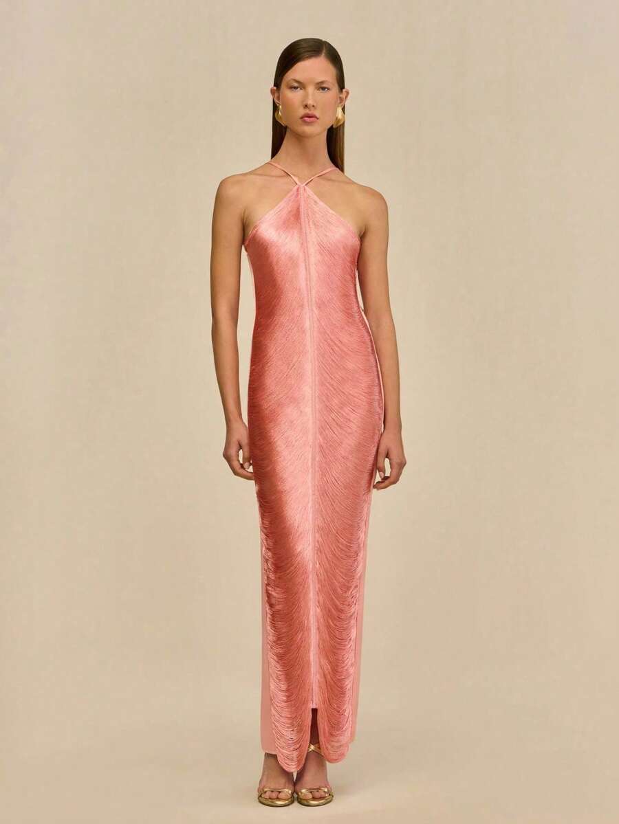 Long Party Dress With Fringe, Halter Neckline And Back Slit - Pink - View 1