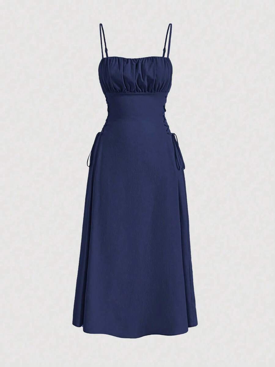 Solid Color Strappy Dress With Ruched Bodice And Side Drawstring - Navy Blue - View 1