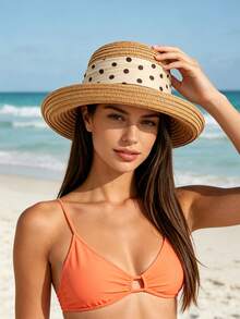 1pc Women's Summer Minimalist Vintage Polka Dot Bow Ribbon Rolled Brim Outdoor Sun Protection Straw Hat, Summer Hot-Selling New Fashion Easy-To-Care-For Face-Slimming Outdoor Sun Protection Beach Straw Hat, Comfortable Casual Suitable For Outings, Gatherings, Shopping, Travel, Vacation And Other Occasions - Multicolor - View 8