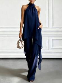 Summer Elegant Purple Halter Neck Asymmetric Two Pieces Set, Halter Neck High Collar Sleeveless Asymmetric Top With Wide Leg Pants - Dark Blue - View 2
