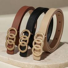 3pcs Gold Triple Ring Buckle, Fashionable Elegant Casual Style Belt, Versatile Design Suitable For T-Shirts, Pants, Dresses And Suits - Multicolor - View 7