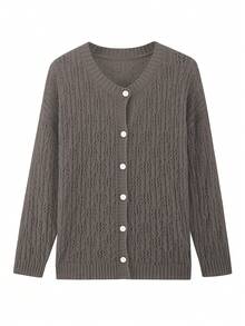 Plus Size Women's Autumn Solid Color Hollow Out Thin Comfortable Round Button Neck Elegant Loose Knit Cardigan Outerwear For Vacation - Coffee Brown - View 6