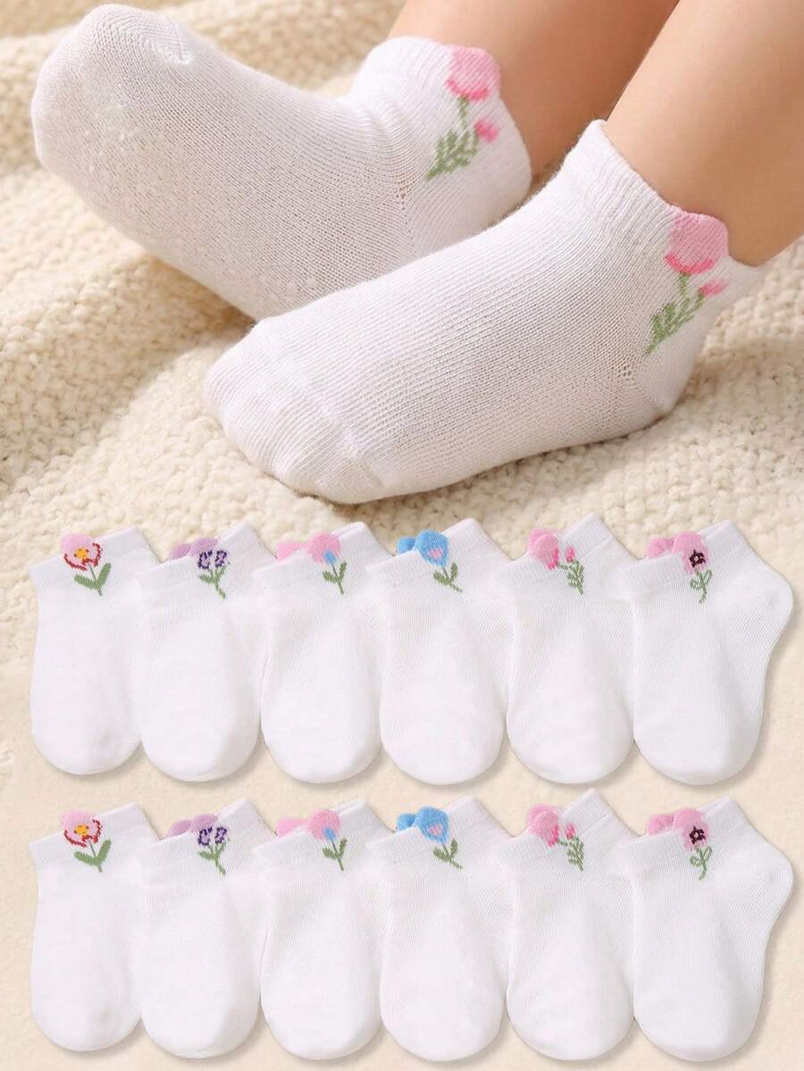 10雙純白色嬰幼兒花卉圖標極簡時尚透氣短襪，柔軟舒適，新生兒行走襪，可愛時尚，隨機顏色，兒童禮物 - 彩色 - 查看 1