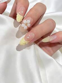 10pcs Handmade Press-On Fake Nails, Nail Artist Crafted With Yellow French Beach Shell & Starfish 3D Carved Pearl Design, Brightening Summer Floral Nail Art, Perfect For Girls And Women's Daily Wear, Parties And Festivals - Yellow - View 3