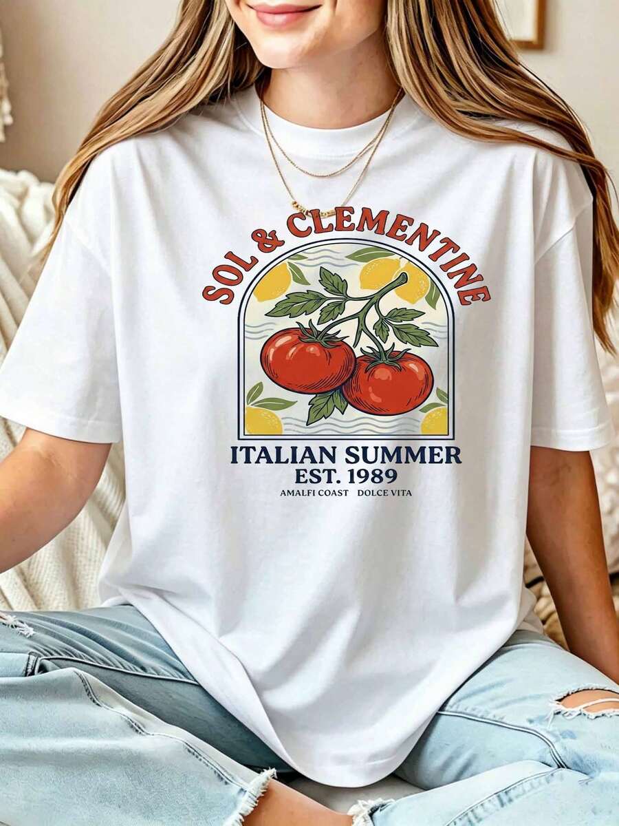 Sol & Clementine Italian Summer Tee, Amalfi Coast Tomato Graphic T-Shirt, Retro Dolce Vita Vacation Top, Aesthetic Mediterranean Holiday Shirt - 白色 - 查看 1