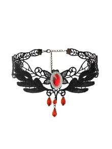 1 pieza Collar corto tipo gargantilla de cadena para clavícula para mujer, estilo gótico vintage, con encaje, rubí y borla, personalizado - Multicolor - Ver 2