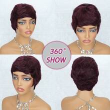 Wig Rambut Pendek Pixie Bergaya, Rambut Manusia Remy Peru, Wig Rambut Manusia dengan Poni, Jaring Elastis, Buatan Mesin Penuh, Cocok untuk Liburan, Pesta, Wig Lurus Berlapis, Warna Hitam, Warna Cokelat Tua, Warna 99# - MultiWarna - View 9