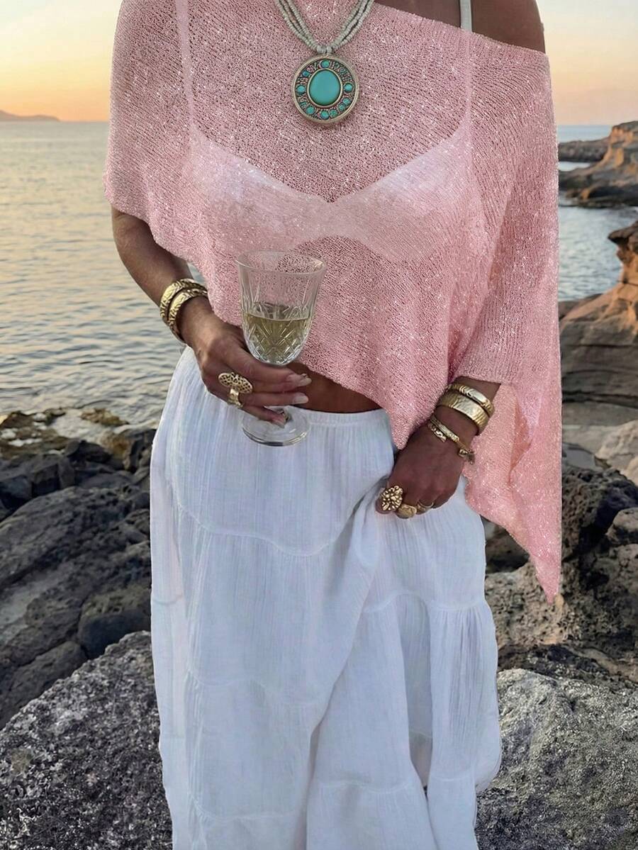 Women's Summer Side Top With Asymmetrical Hem, Lightweight And Breathable Shiny Fabric, Loose Fit Suitable For Various Figures, Casual Beach Top, Bohemian Style Summer Outfit CJ77 - 粉色 - 查看 1